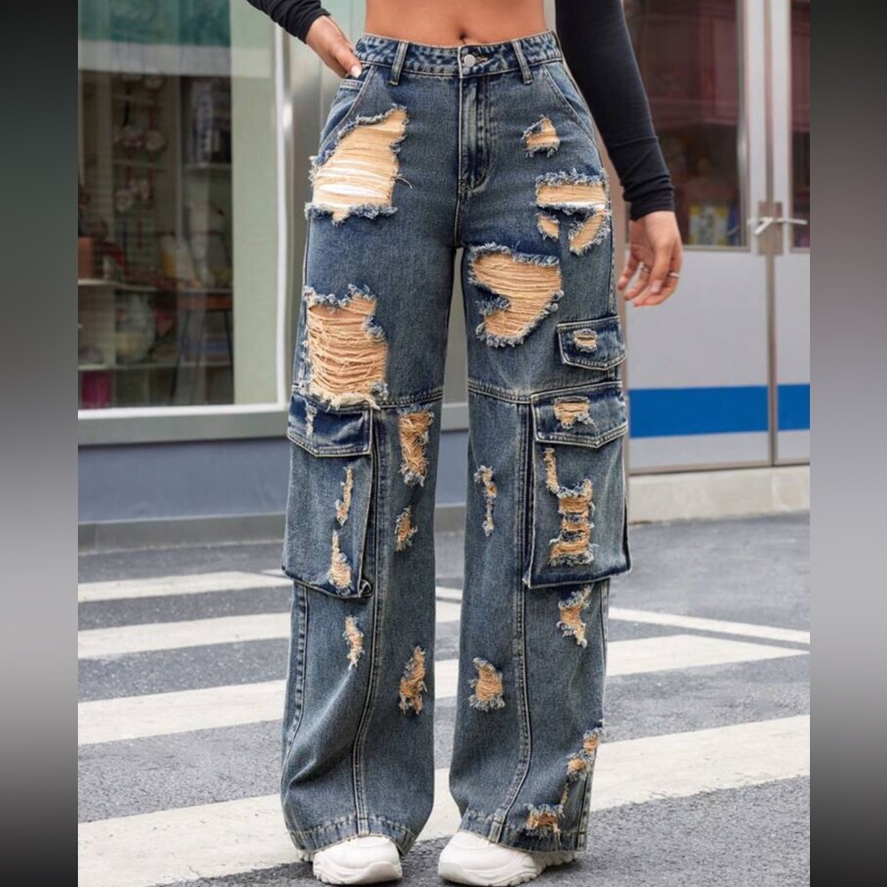 Distressed jeans Blue Cargo Jeans pants denim pockets ripped mineral wash